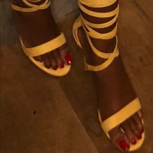Yellow wrap around heels 9.5